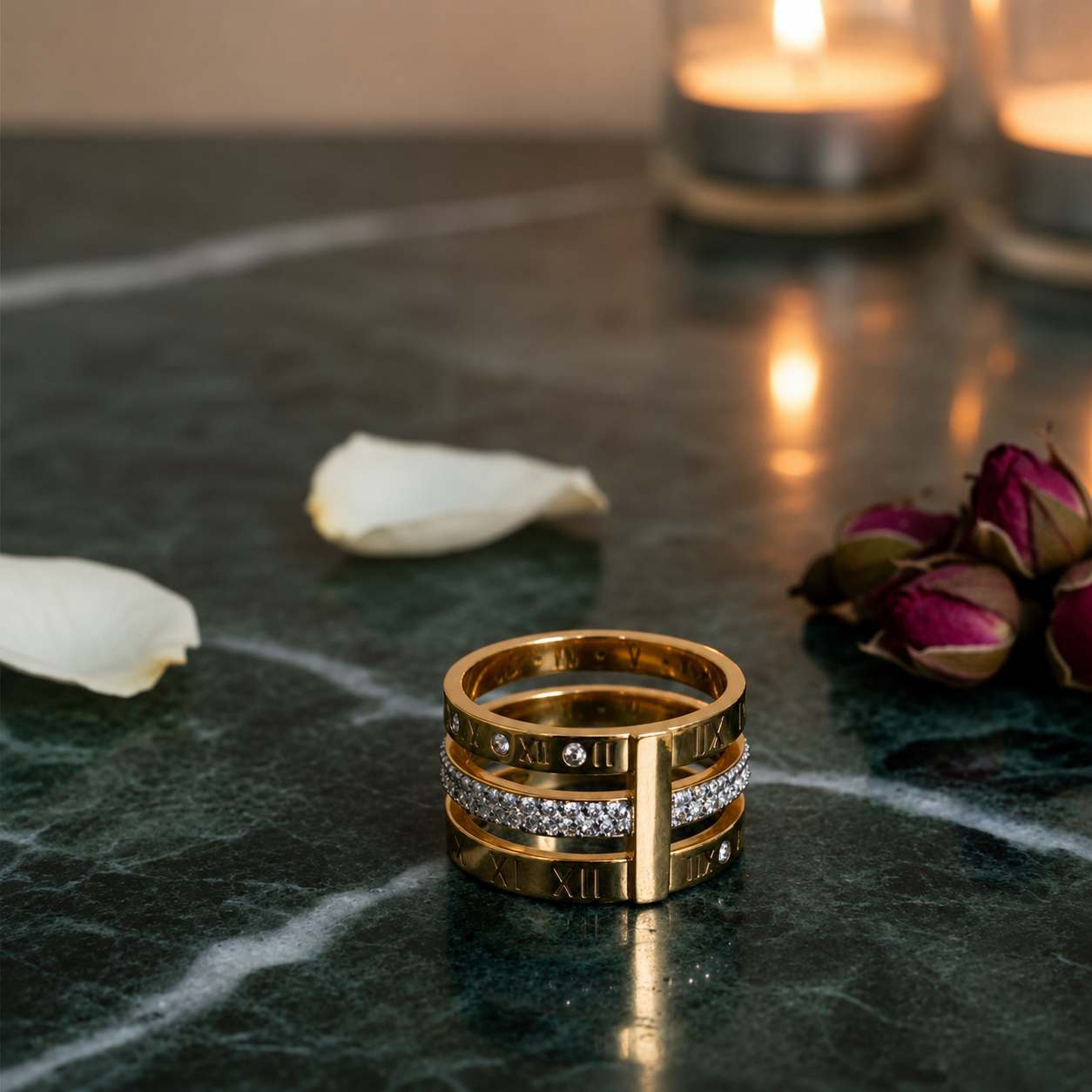 3 Tire Luxury Roman Numeral Crystal Ring